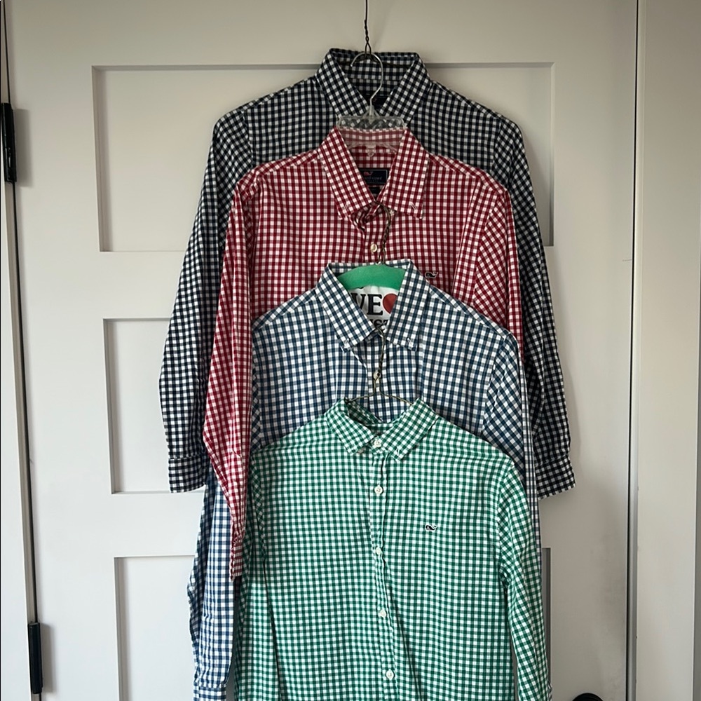 Vineyard Vines Boys Gingham Check whale shirts set of 4- Navy, Red, Blue, Green